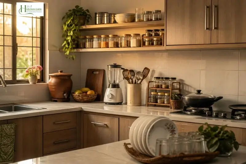 Organized Pakistani kitchen with everyday cookware and storage