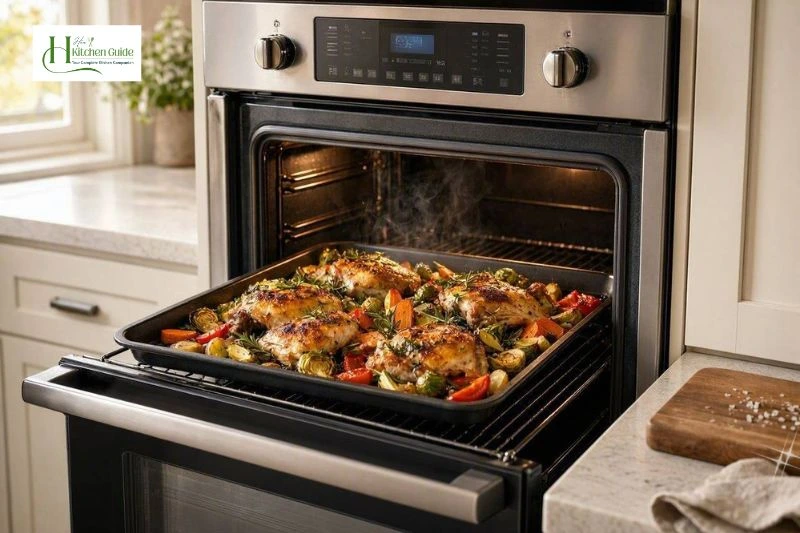 Oven roasting chicken and vegetables in a home kitchen