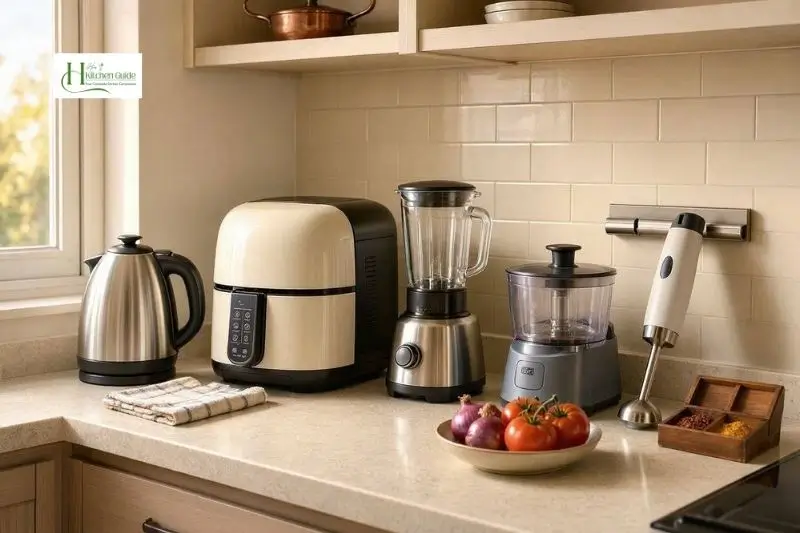 Blender chopper hand blender kettle and air fryer in a small kitchen