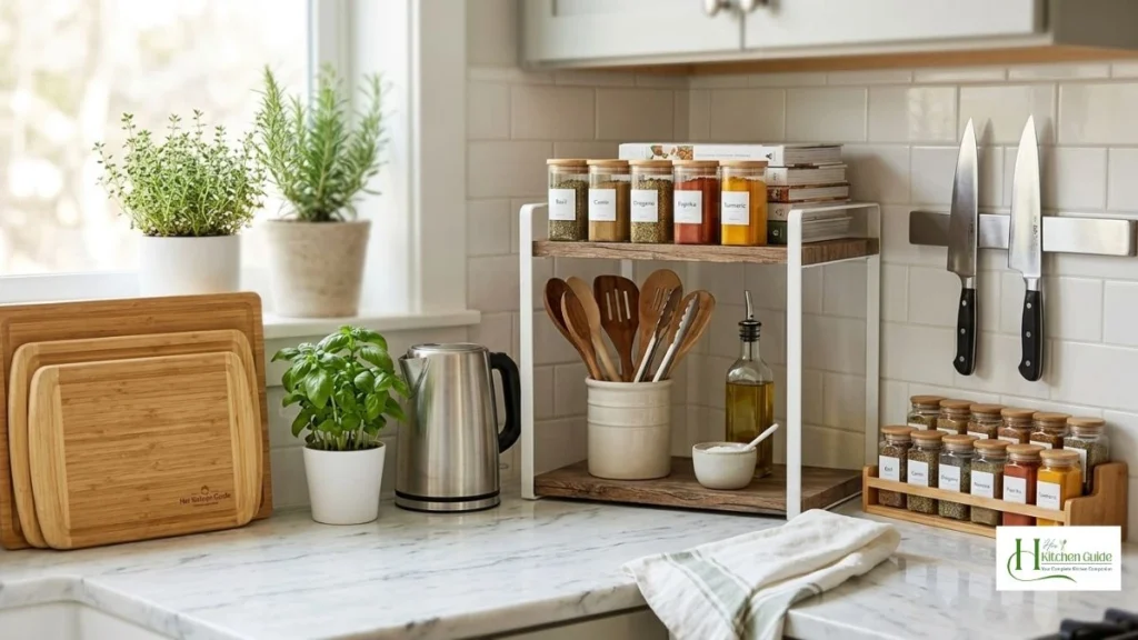 Small kitchen countertop organization with neatly arranged cooking essentials