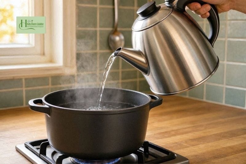 Boiling water in an electric kettle before cooking pasta.