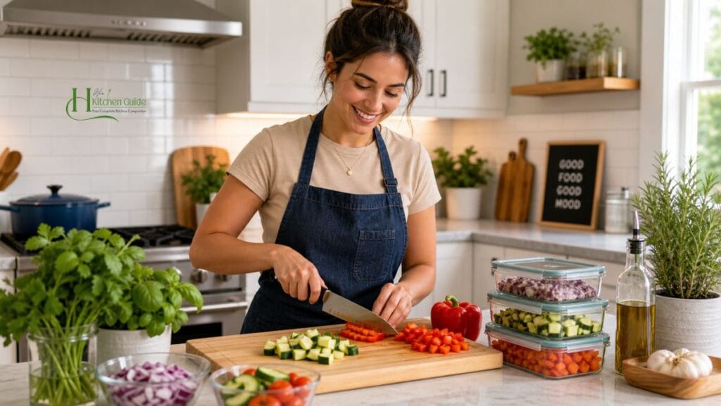 Beginner home cook preparing vegetables in an organized kitchen using smart cooking hacks.