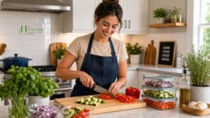 Beginner home cook preparing vegetables in an organized kitchen using smart cooking hacks.