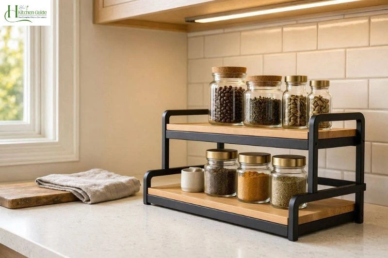 Two-tier countertop shelf organizer holding spices, tea, and coffee jars in a small kitchen