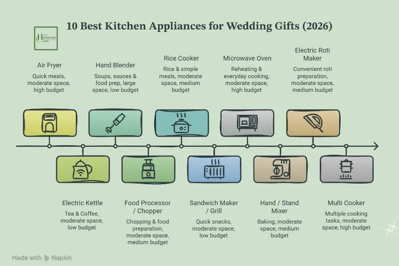 Infographic comparing 10 kitchen appliances for wedding gifts in Pakistan