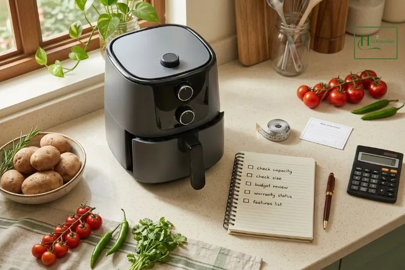 Air fryer buying checklist with kitchen appliance and measuring tools