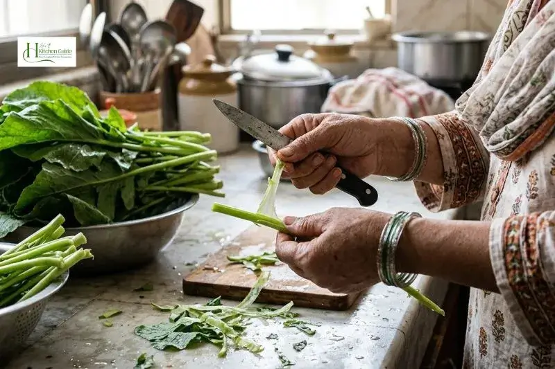 Cleaning and peeling mustard green stems for saag
