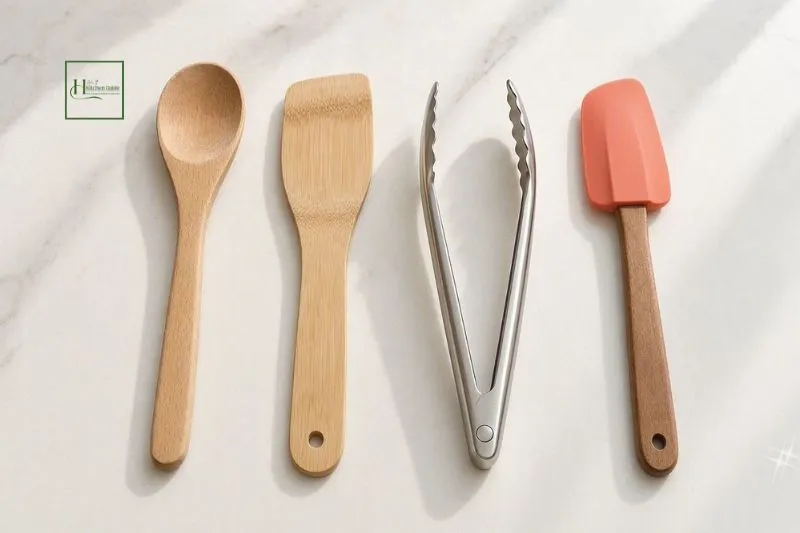 Wood, bamboo, stainless steel, and silicone kitchen utensils