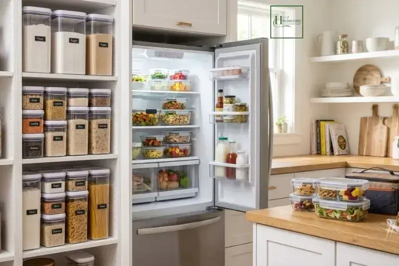 Food storage containers organized for pantry refrigerator and leftovers