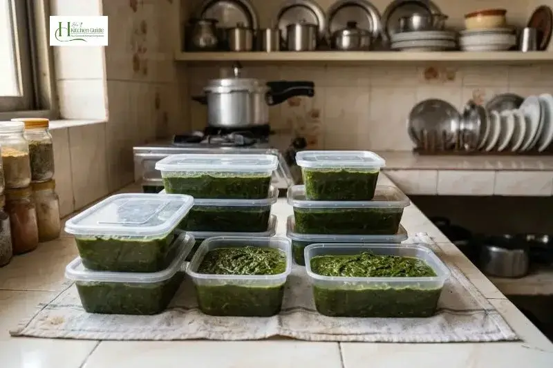 Sarson Ka Saag portioned in containers for freezing and sharing