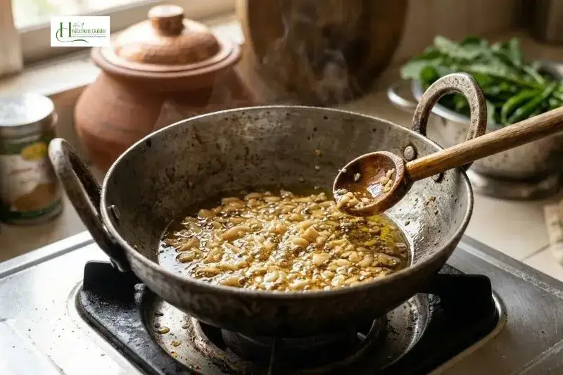 Garlic frying in oil for Sarson Ka Saag tadka