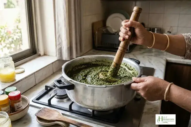 Mashing cooked Sarson Ka Saag with a traditional wooden ghotna