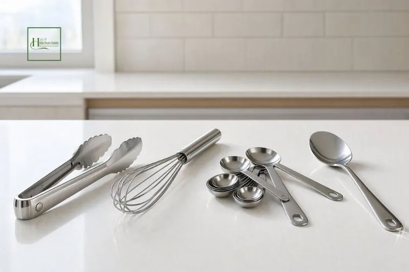 Stainless steel kitchen utensils including tongs and measuring tools
