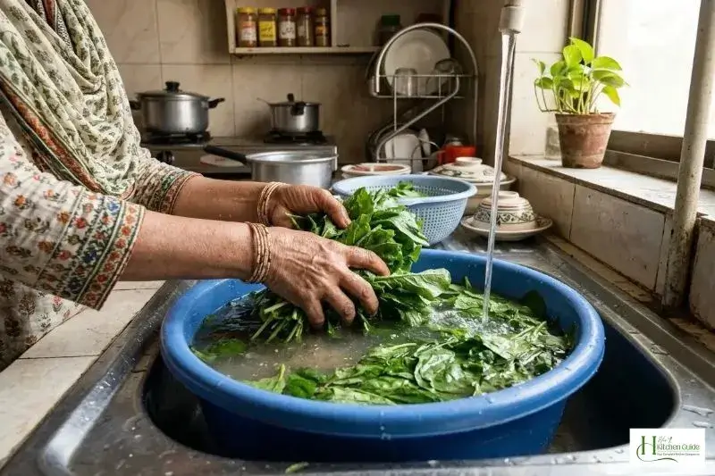Washing mustard greens, spinach and bathua before cutting