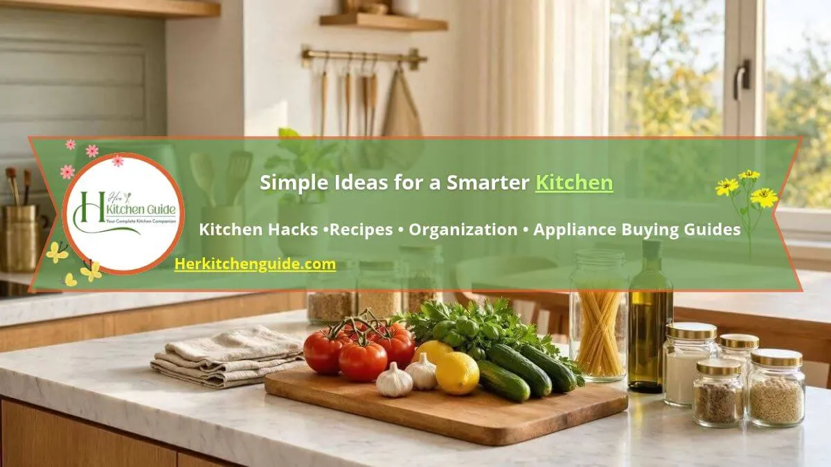 Her Kitchen Guide header banner showing smart kitchen organization ideas, cooking tips, and appliance reviews